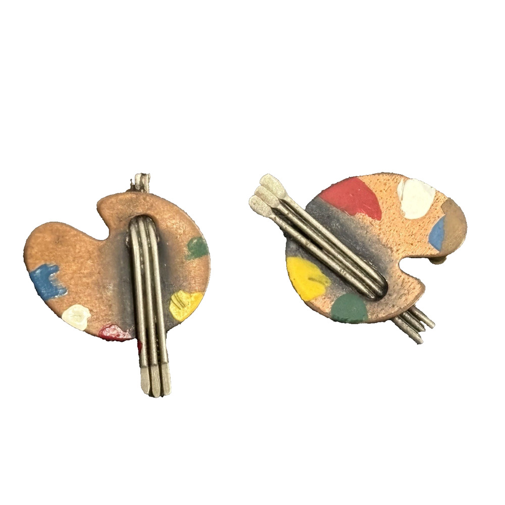 2 Vintage Small Brooches Copper & Enamel Painter's Palette Multicolor Multimetal